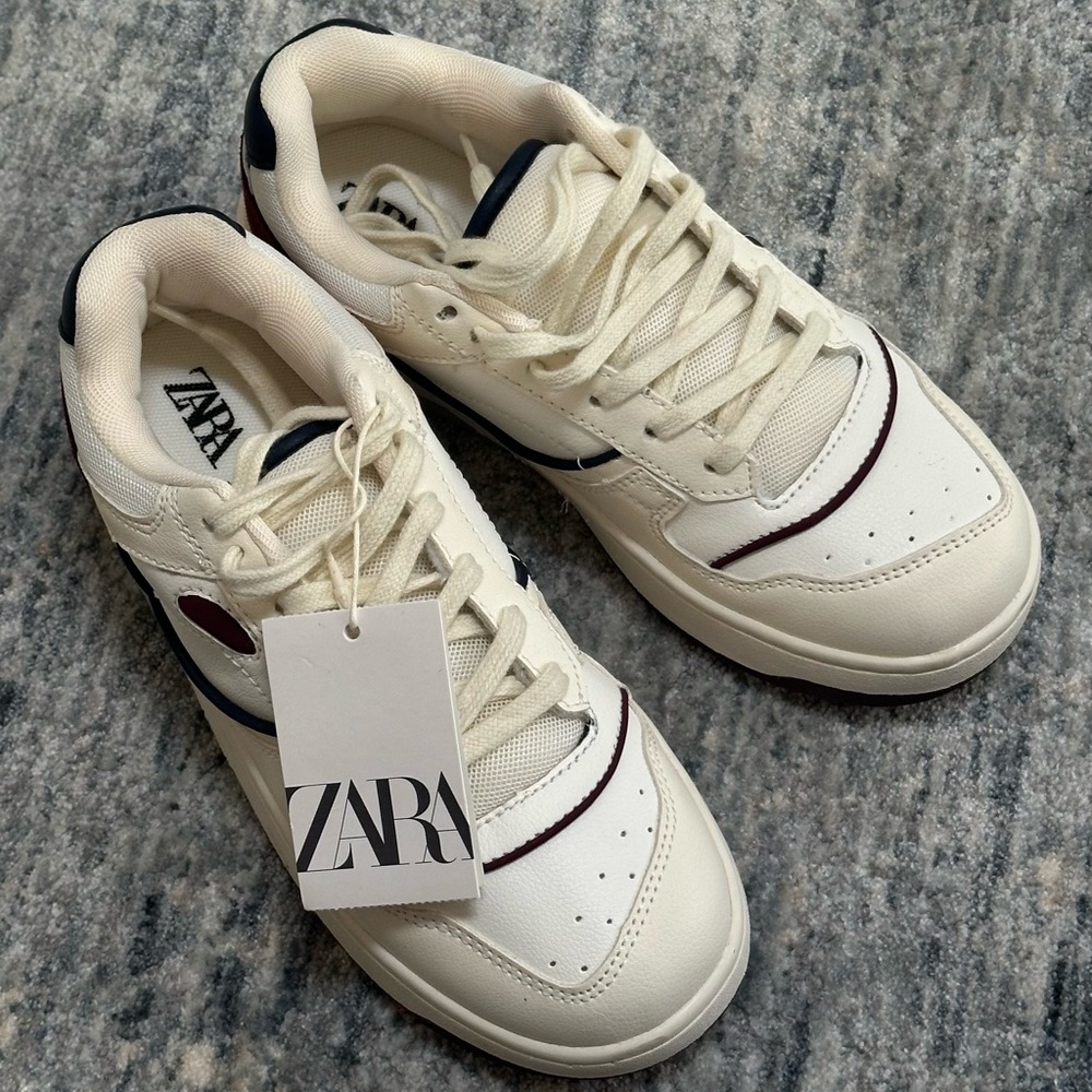 ZARA Cream Sneakers with Navy and Burgundy Accents